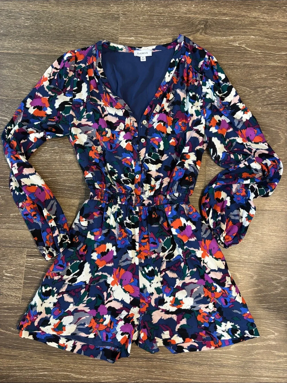 Evereve Multicolor Abstract Floral V-Neck Hadley Romper Tie Waist M long sleeve